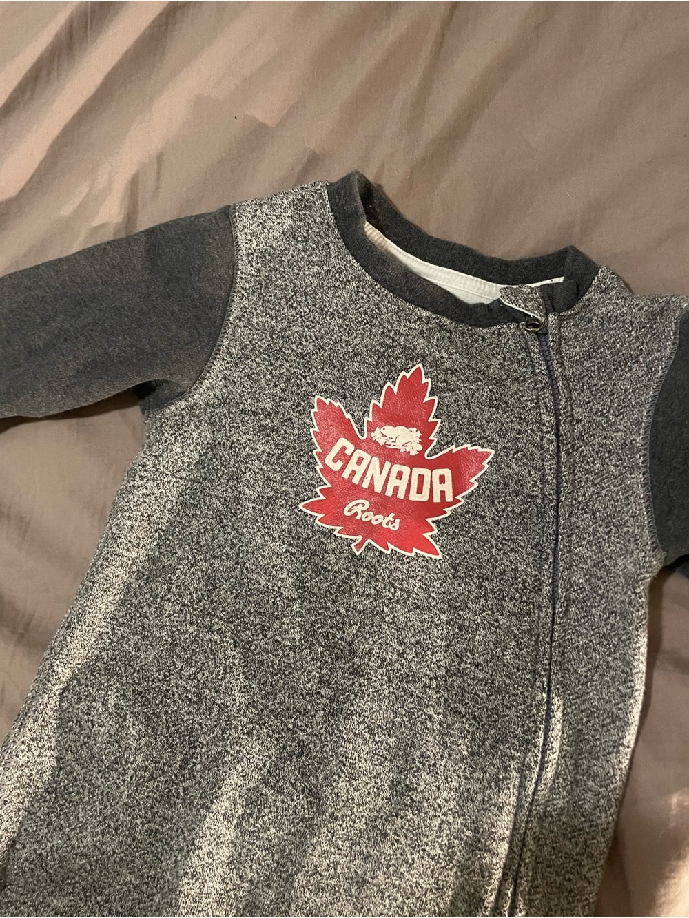 3/$30 Roots Kids Grey Heather One-Piece with Red Canada Maple Leaf
